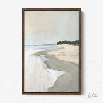 quadro com paisagem abstrata de praia com areia e água, moldura de madeira escura