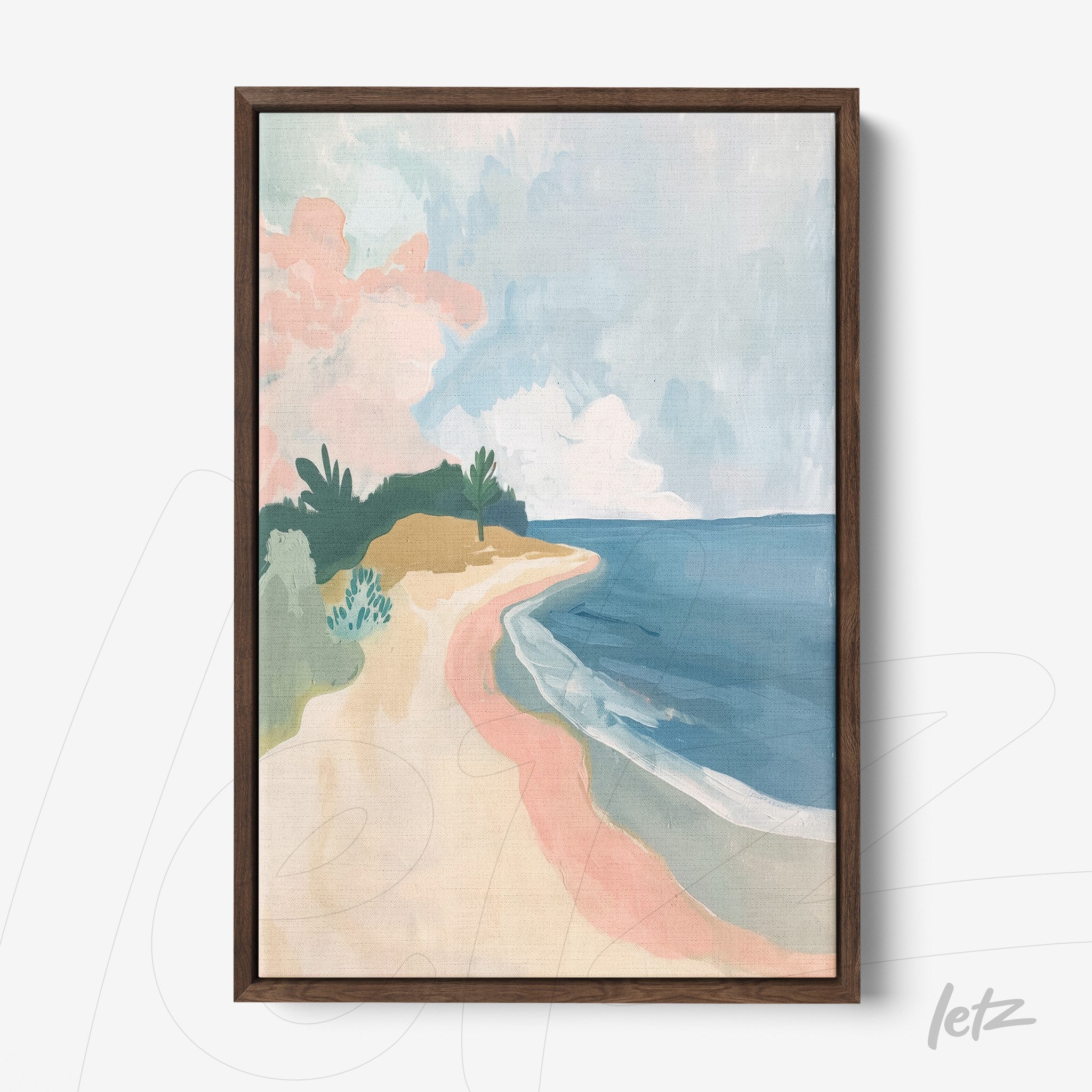 quadro com pintura abstrata de uma praia com céu nublado em moldura de madeira escura