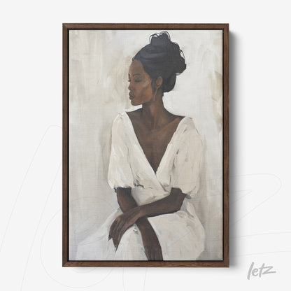 quadro com pintura de retrato feminino usando vestido branco em moldura de madeira escura