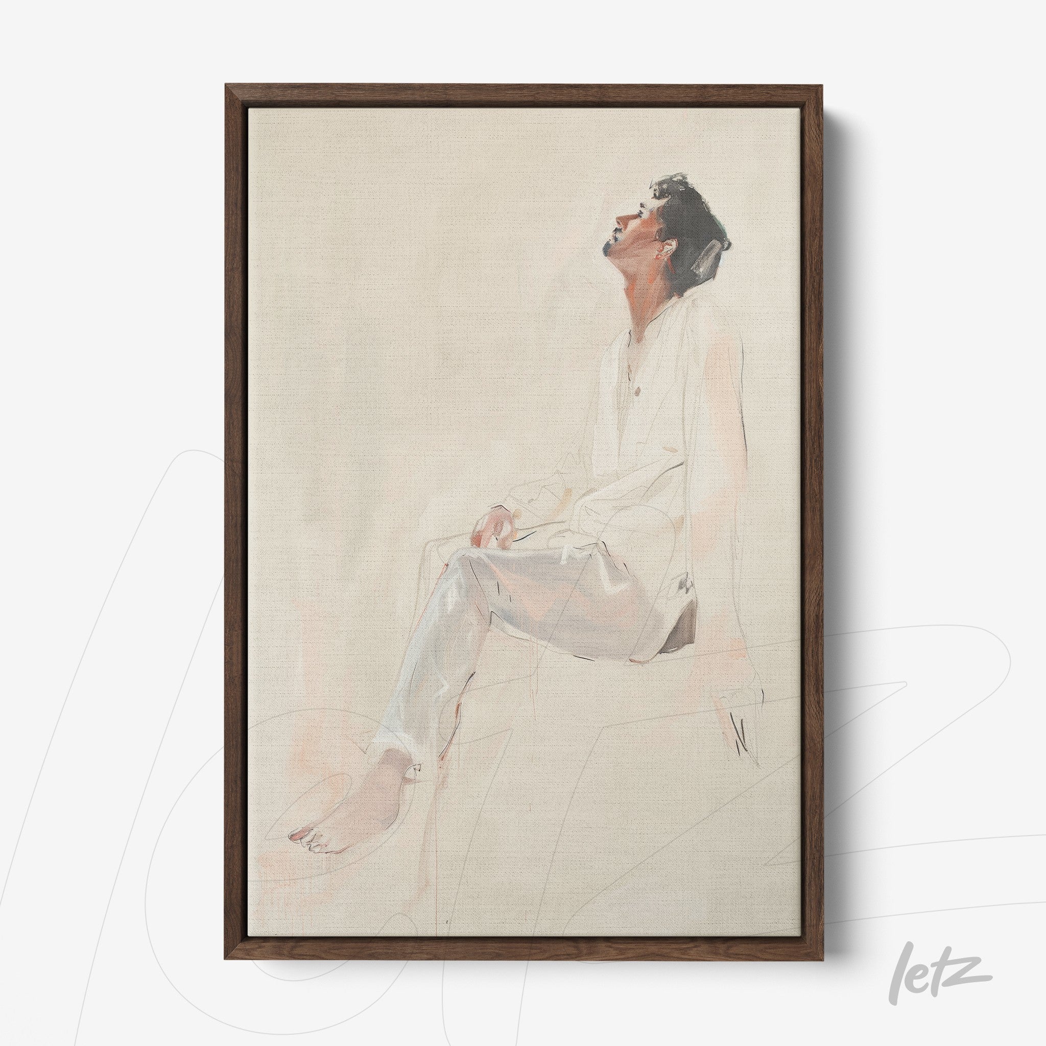 retrato minimalista em tela de canvas de uma figura masculina sentada em pose contemplativa, moldura de madeira escura com textura suave