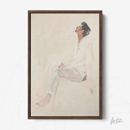 retrato minimalista em tela de canvas de uma figura masculina sentada em pose contemplativa, moldura de madeira escura com textura suave