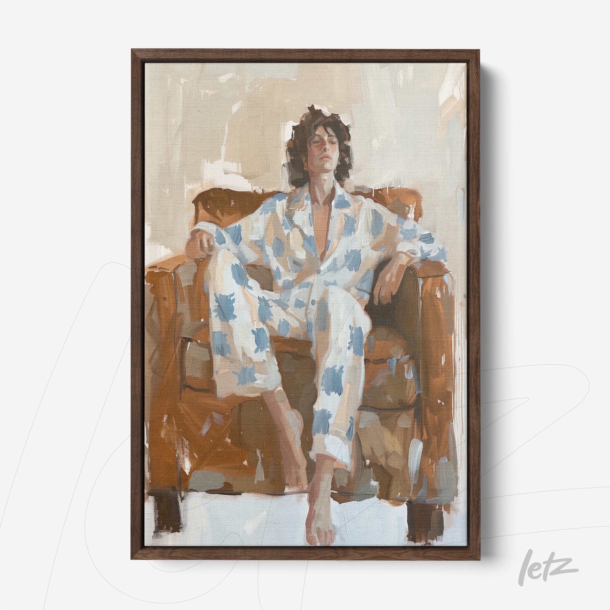 quadro com retrato de homem relaxando em sofá, vestido com pijama azul e branco, em moldura de madeira escura