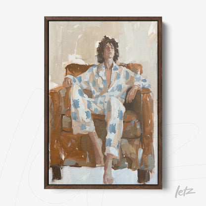 quadro com retrato de homem relaxando em sofá, vestido com pijama azul e branco, em moldura de madeira escura