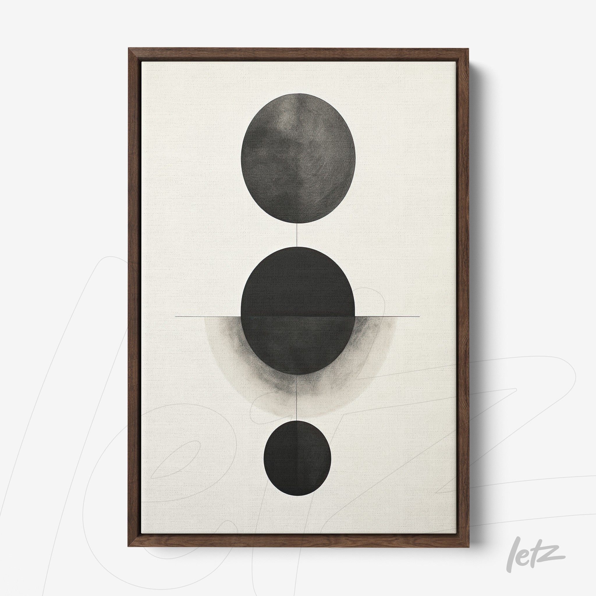 quadro com arte abstrata em tons de preto e cinza, apresentando formas circulares em uma composição minimalista, moldura de madeira escura