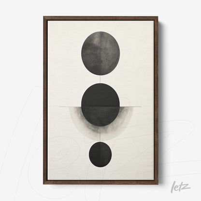 quadro com arte abstrata em tons de preto e cinza, apresentando formas circulares em uma composição minimalista, moldura de madeira escura