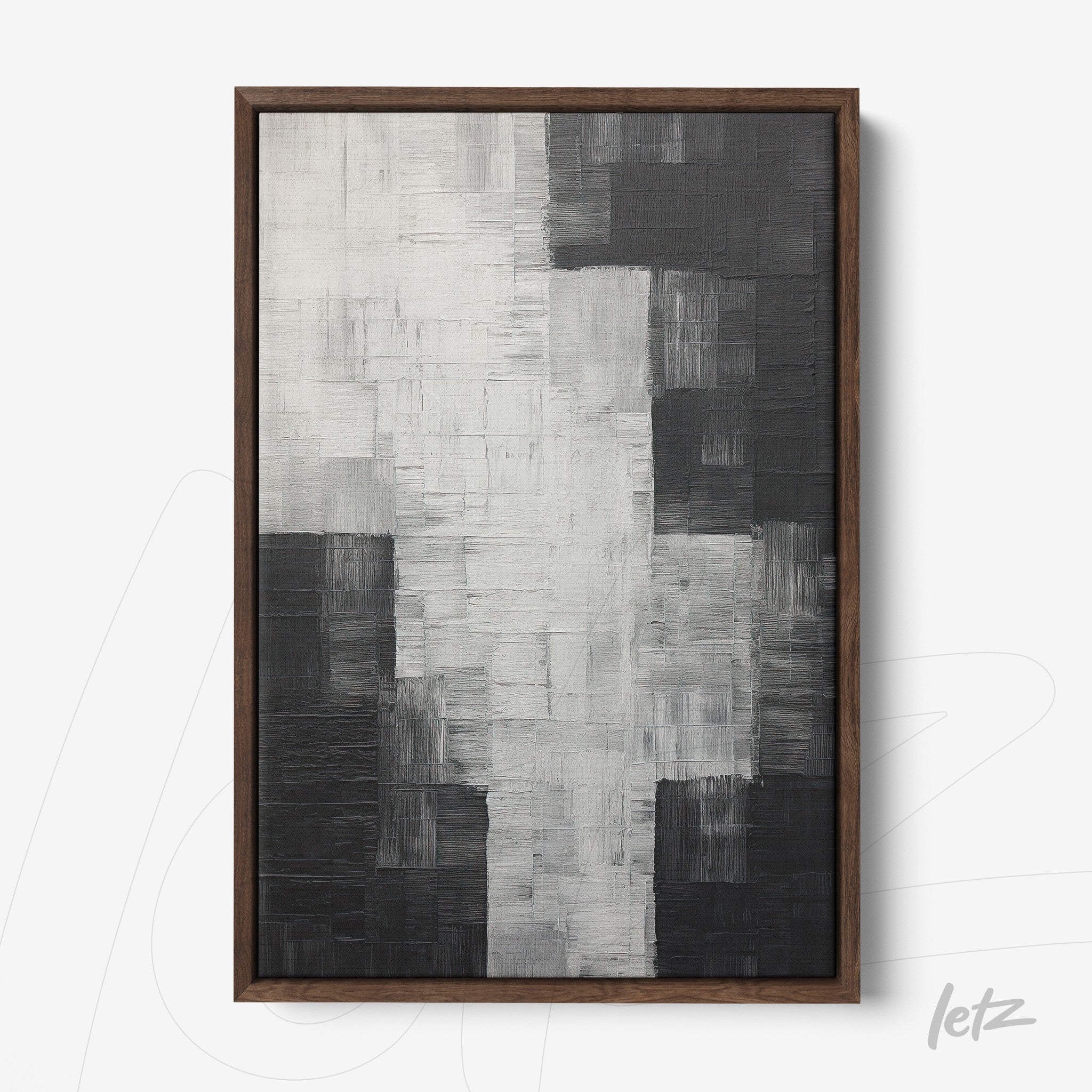 quadro abstrato em tons de preto e branco com textura expressiva em moldura de madeira escura