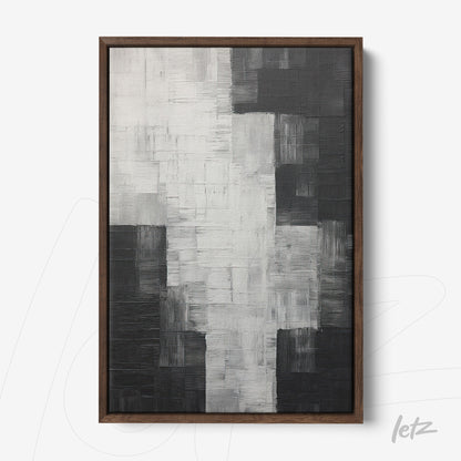 quadro abstrato em tons de preto e branco com textura expressiva em moldura de madeira escura