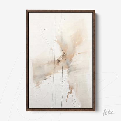 quadro abstrato em tons neutros com moldura de madeira escura
