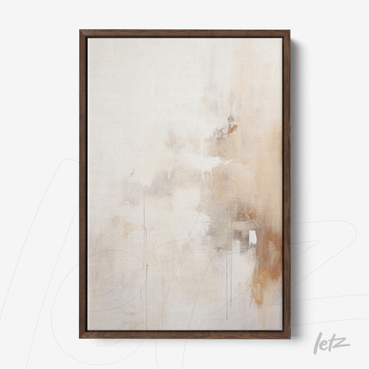 quadro com arte abstrata em tons neutros e detalhes em laranja, em moldura de madeira escura