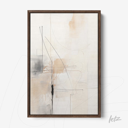 quadro com arte abstrata em tons neutros e linhas pretas em moldura de madeira escura
