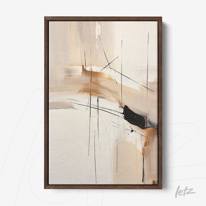 quadro abstrato com formas geométricas em tons terrosos e moldura de madeira escura