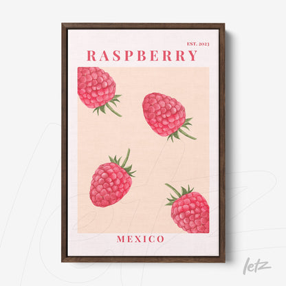 quadro com arte de framboesas em fundo rosa claro com moldura marrom