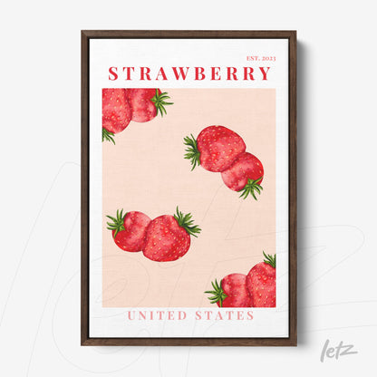 quadro com arte ilustrativa de morangos vermelhos em fundo rosa com moldura de madeira escura