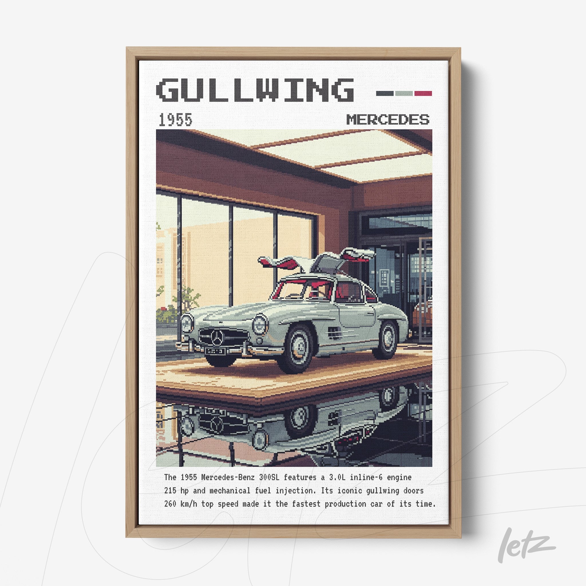 quadro com arte retrô do carro Mercedes-Benz 300SL Gullwing em moldura de madeira clara