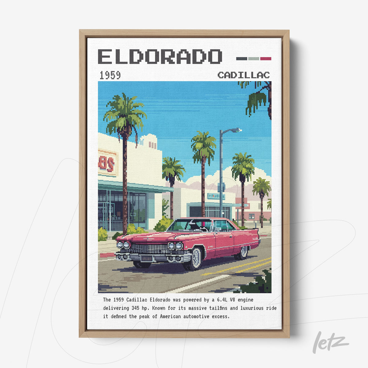 quadro com arte digital retrô de um Cadillac Eldorado de 1959 em frente a um cenário urbano com palmeiras