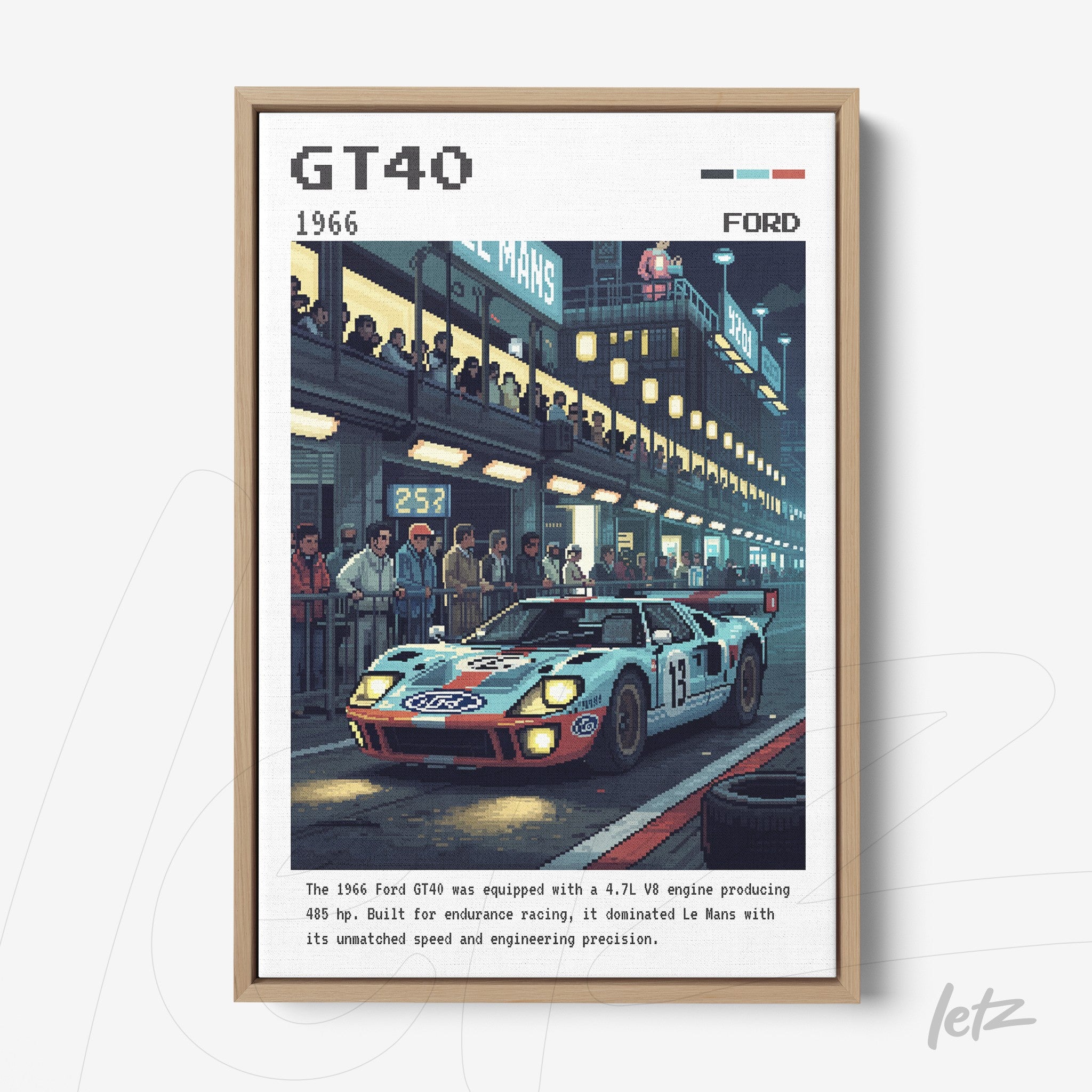 quadro em moldura de madeira claro com arte retrô do carro Ford GT40 em pista de corrida noturna