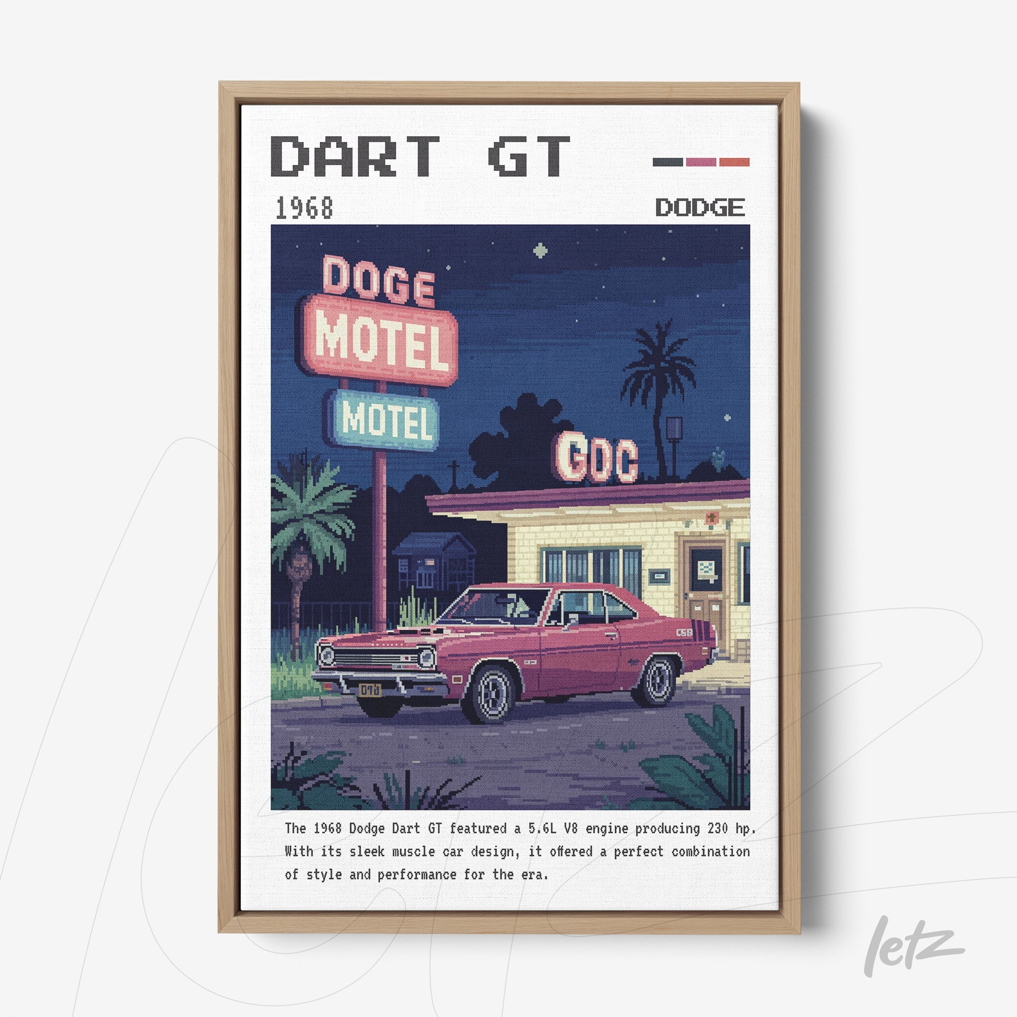quadro com arte retrô do carro Dodge Dart GT de 1968 em frente ao Dodge Motel, com palmeiras ao fundo