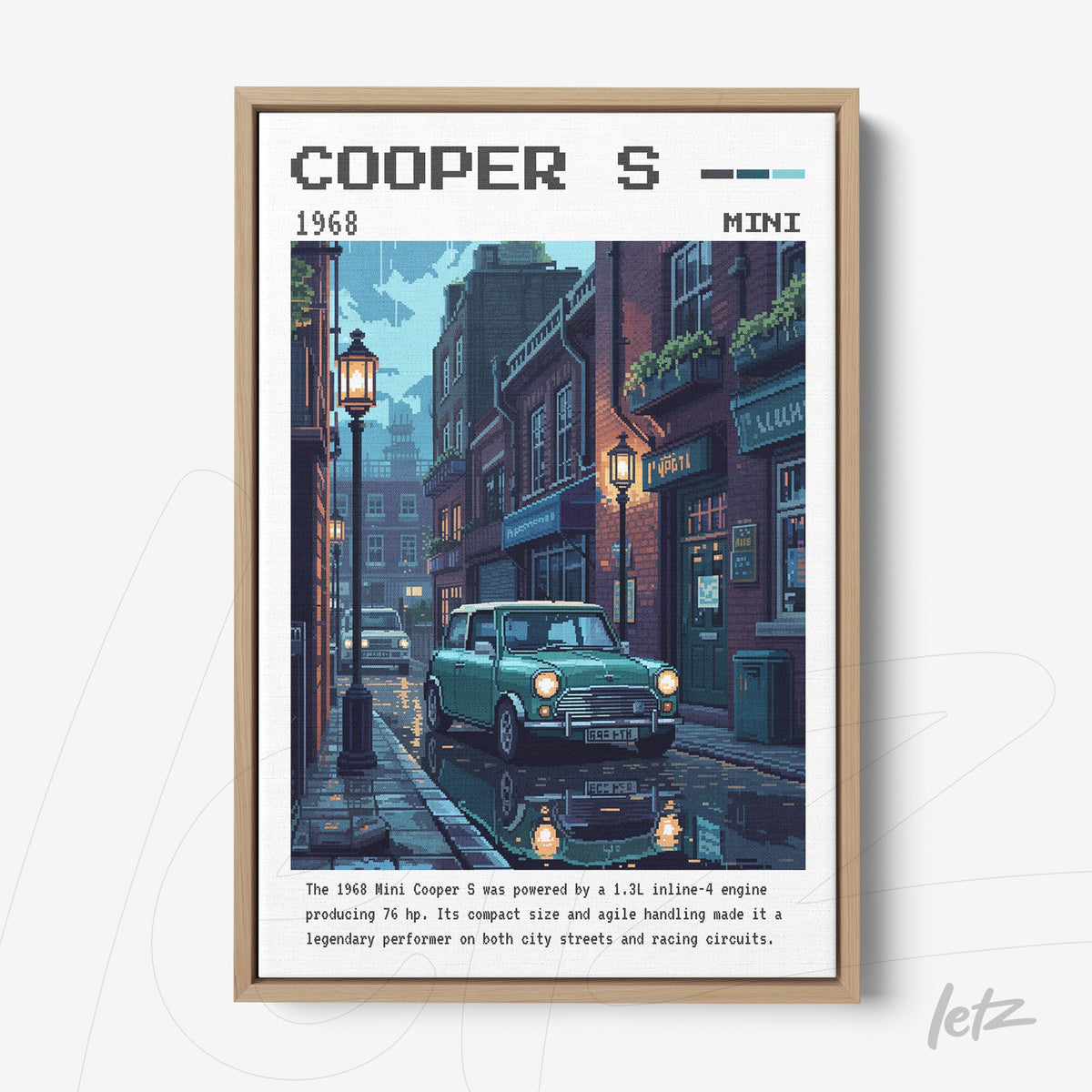 quadro com arte digital do carro Mini Cooper S de 1968, exibido sobre uma rua de paralelepípedos com iluminação de lâmpadas a gás