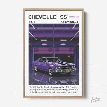 quadro com ilustração retro de carro Chevelle SS 1970 em moldura clara, com fundo de garagem em tons de roxo