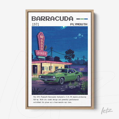 quadro com ilustração digital de um carro Plymouth Barracuda verde em frente a um diner vintage, moldura de madeira clara