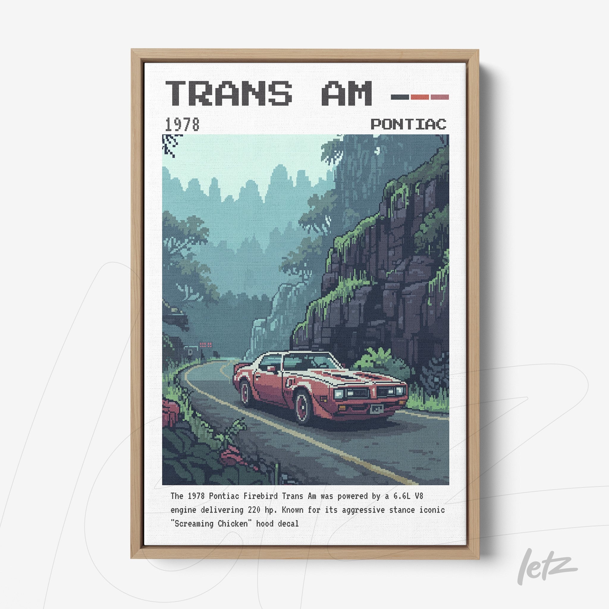 quadro com arte pixelada do carro Pontiac Trans Am 1978 em moldura de madeira clara
