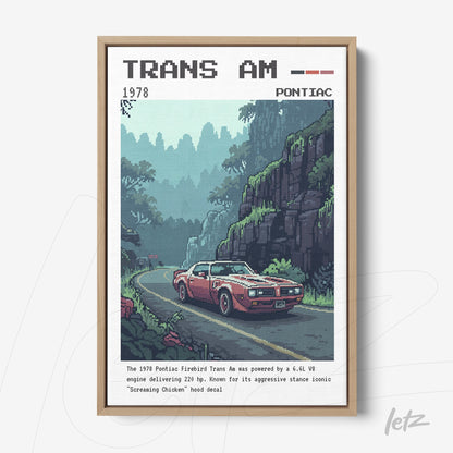 quadro com arte pixelada do carro Pontiac Trans Am 1978 em moldura de madeira clara