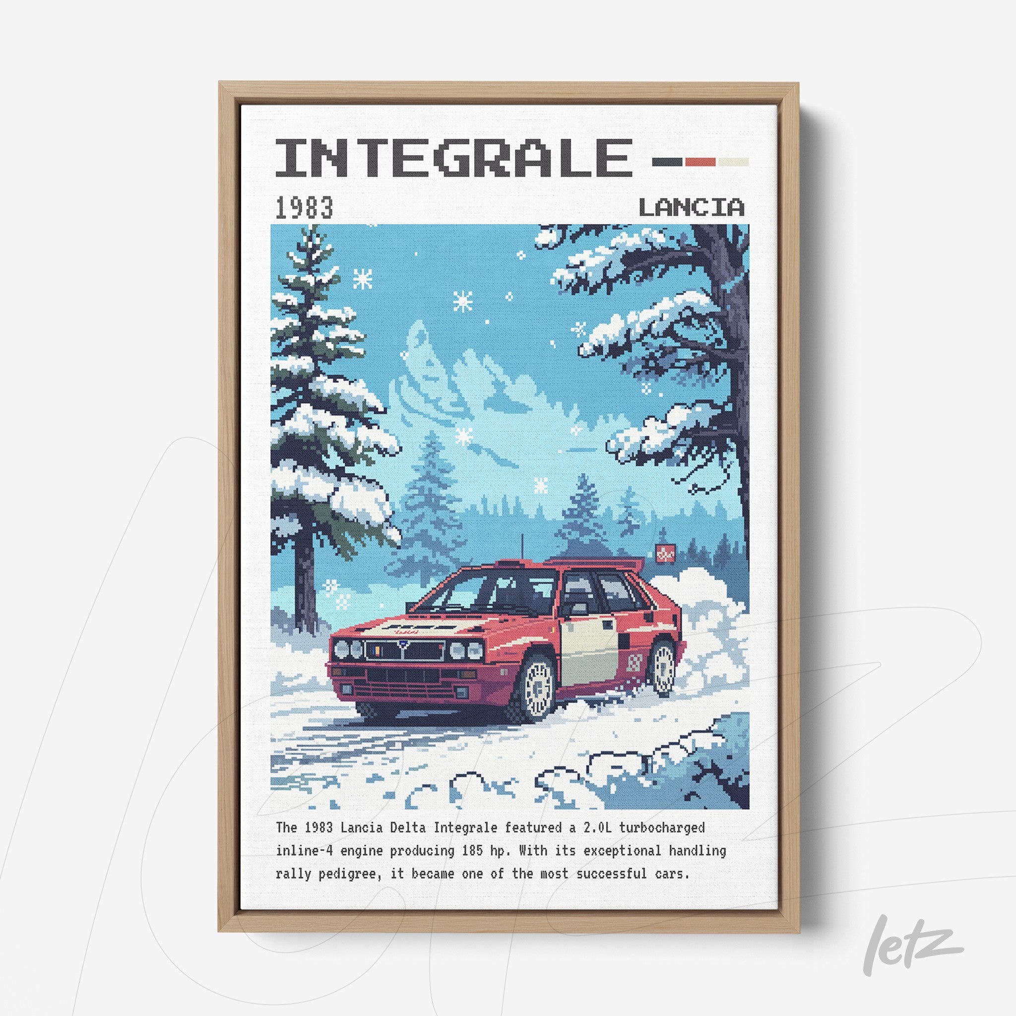 quadro emoldurado com arte pixelada de um carro Lancia Delta Integrale vermelho em um cenário de neve, com montanhas ao fundo