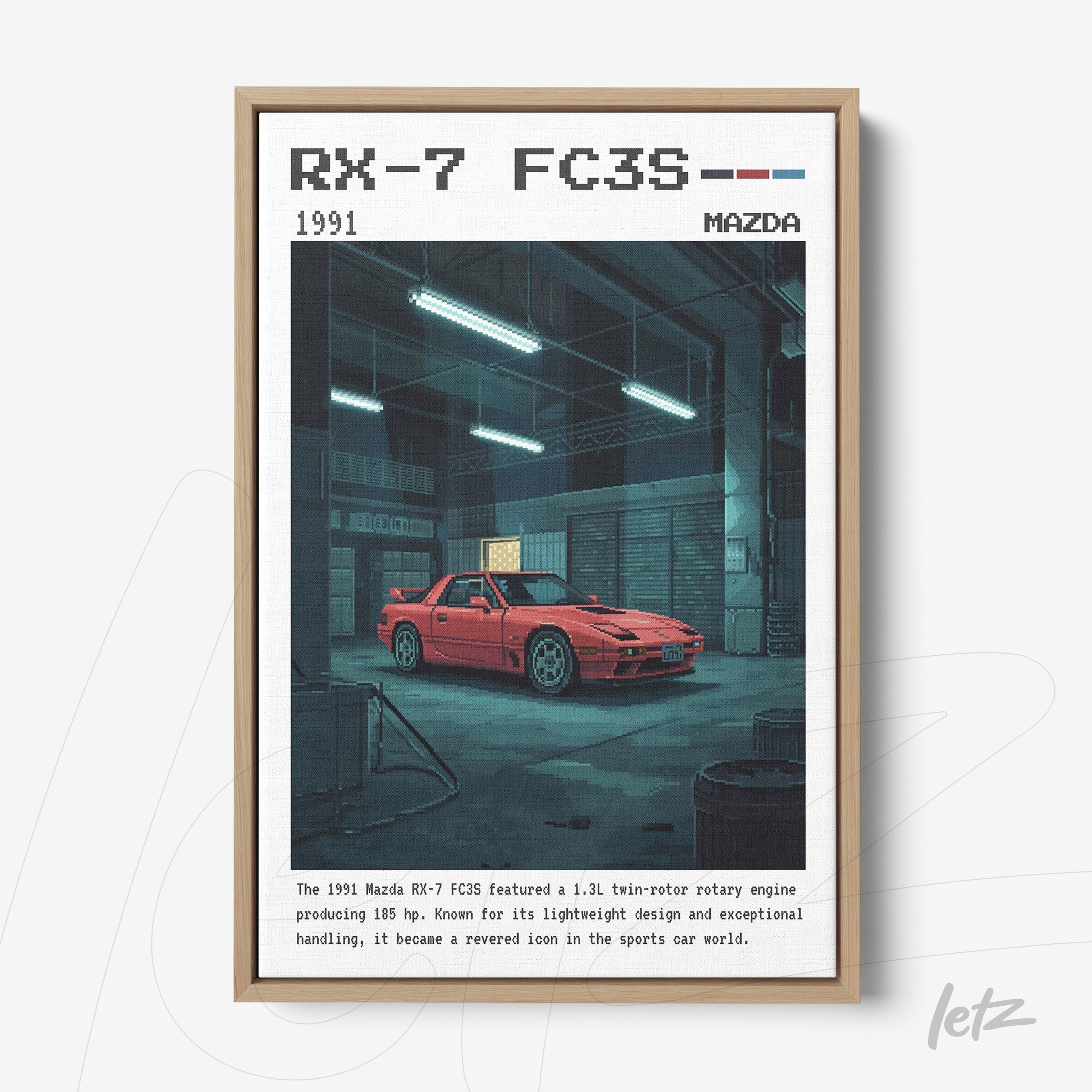 quadro com arte digital de um carro Mazda RX-7 FC3S em estilo retrô, exibido em moldura de madeira clara sobre fundo neutro