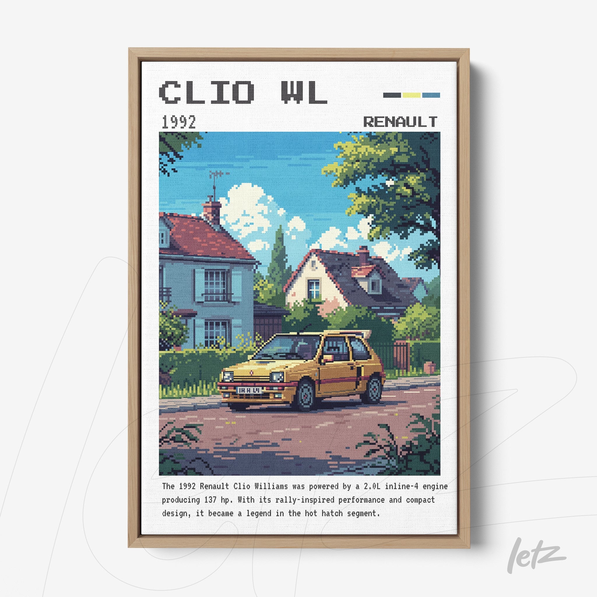 quadro com arte pixelada do carro Renault Clio Williams amarelo em frente a uma casa
