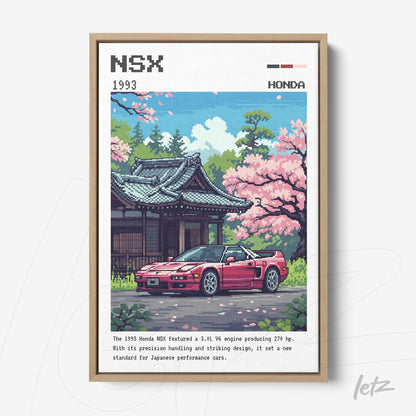 quadro emoldurado com arte retrô de um Honda NSX em frente a uma casa tradicional japonesa rodeada por flores de cerejeira