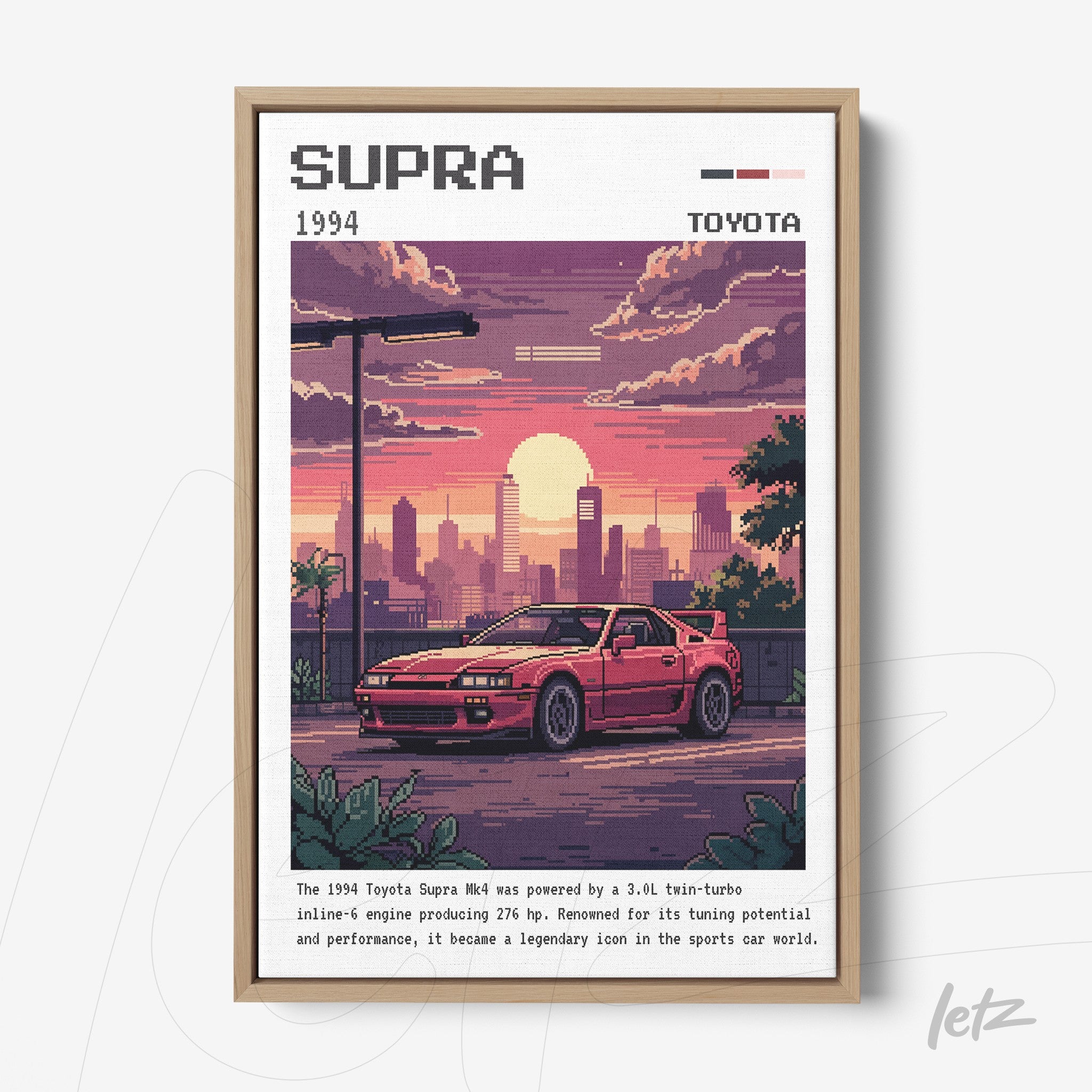 quadro com arte em estilo pixel art de um carro Toyota Supra 1994 em uma paisagem urbana ao pôr do sol com moldura clara