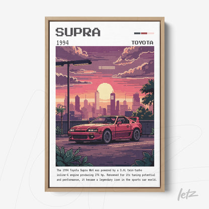 quadro com arte em estilo pixel art de um carro Toyota Supra 1994 em uma paisagem urbana ao pôr do sol com moldura clara