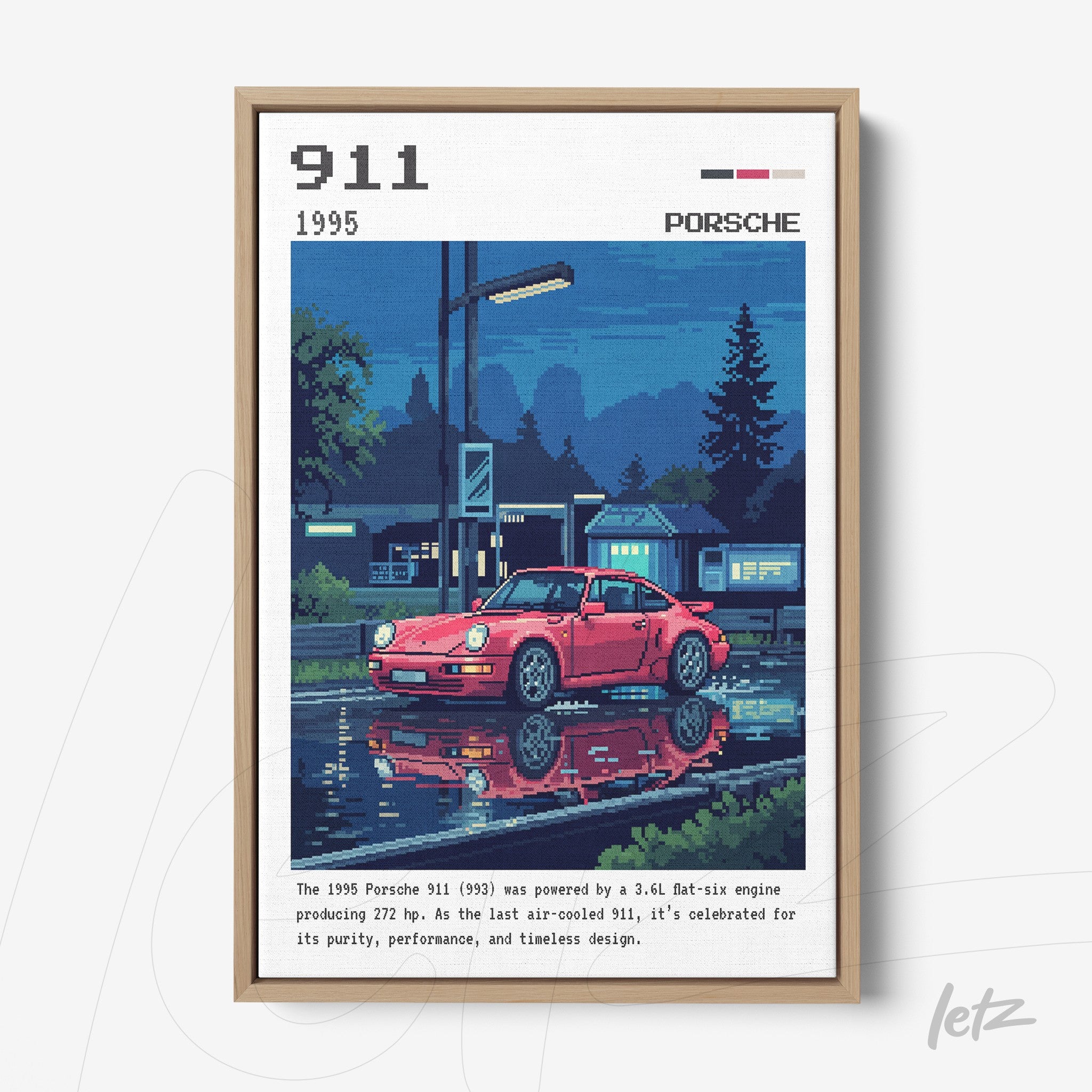 quadro emoldurado com arte digital do carro Porsche 911 de 1995 refletido em água, com fundo noturno e iluminação suave