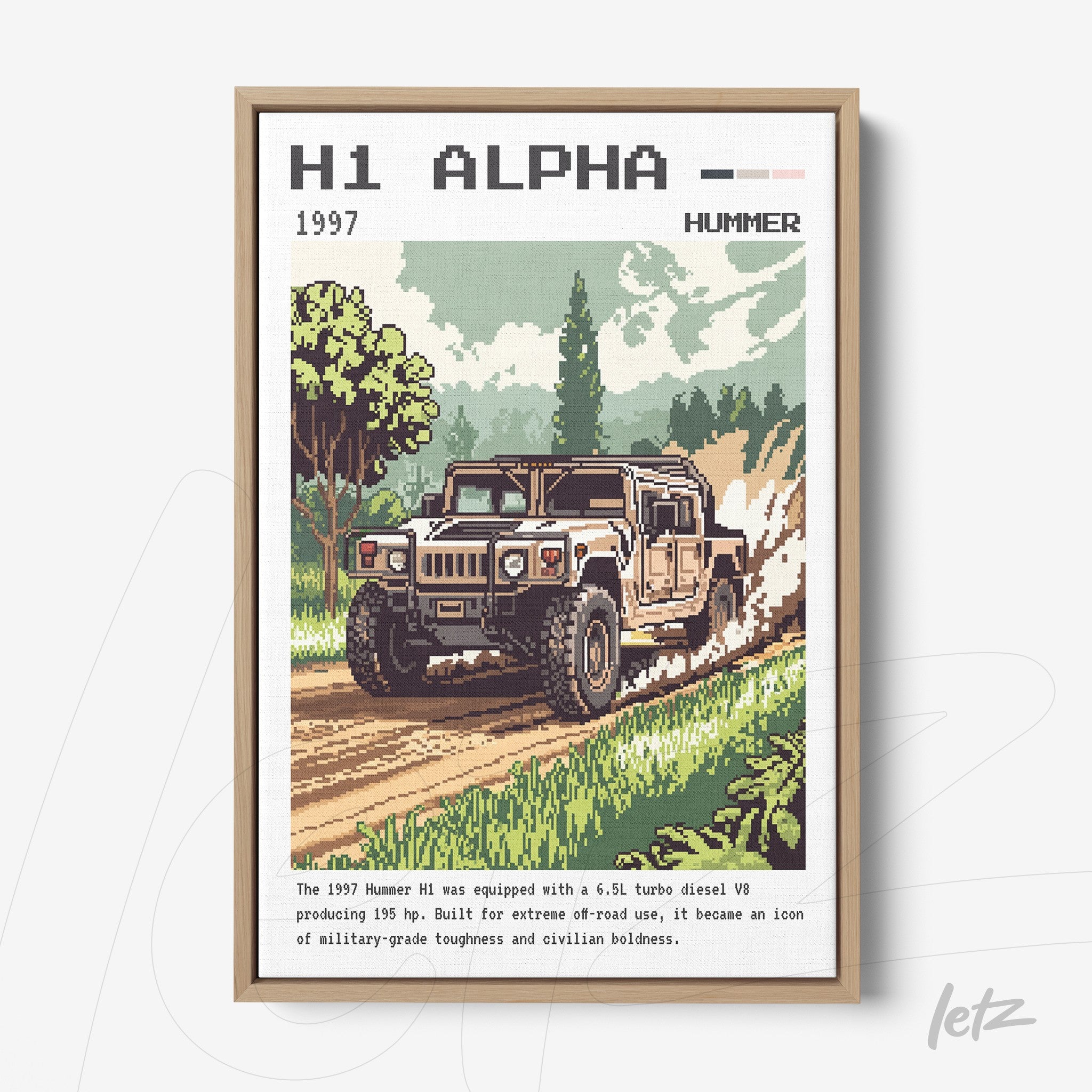 quadro com arte digital de um Hummer H1 em uma paisagem rural colorida, moldura de madeira clara