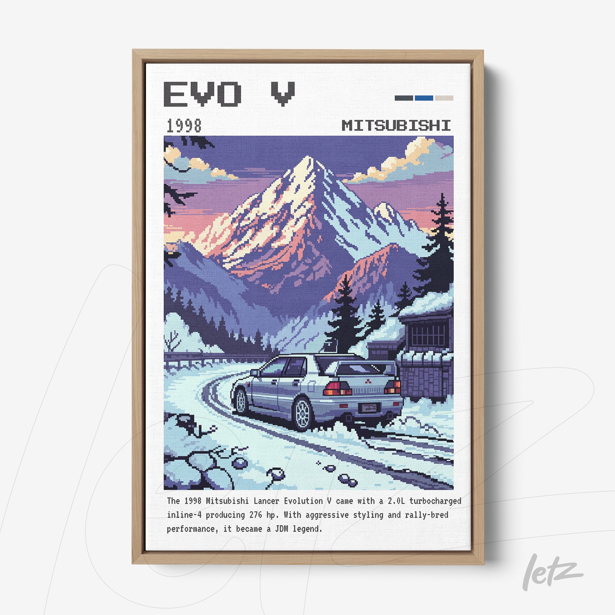 quadro com arte retrô do Mitsubishi Lancer Evolution V em uma paisagem montanhosa com neve, moldura de madeira clara
