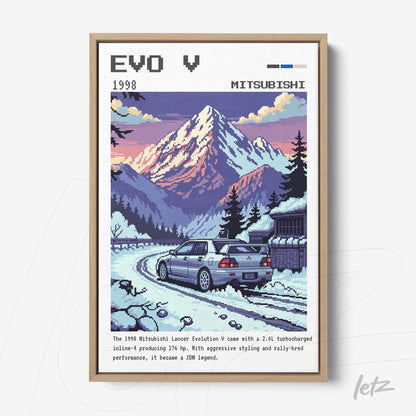 quadro com arte retrô do Mitsubishi Lancer Evolution V em uma paisagem montanhosa com neve, moldura de madeira clara
