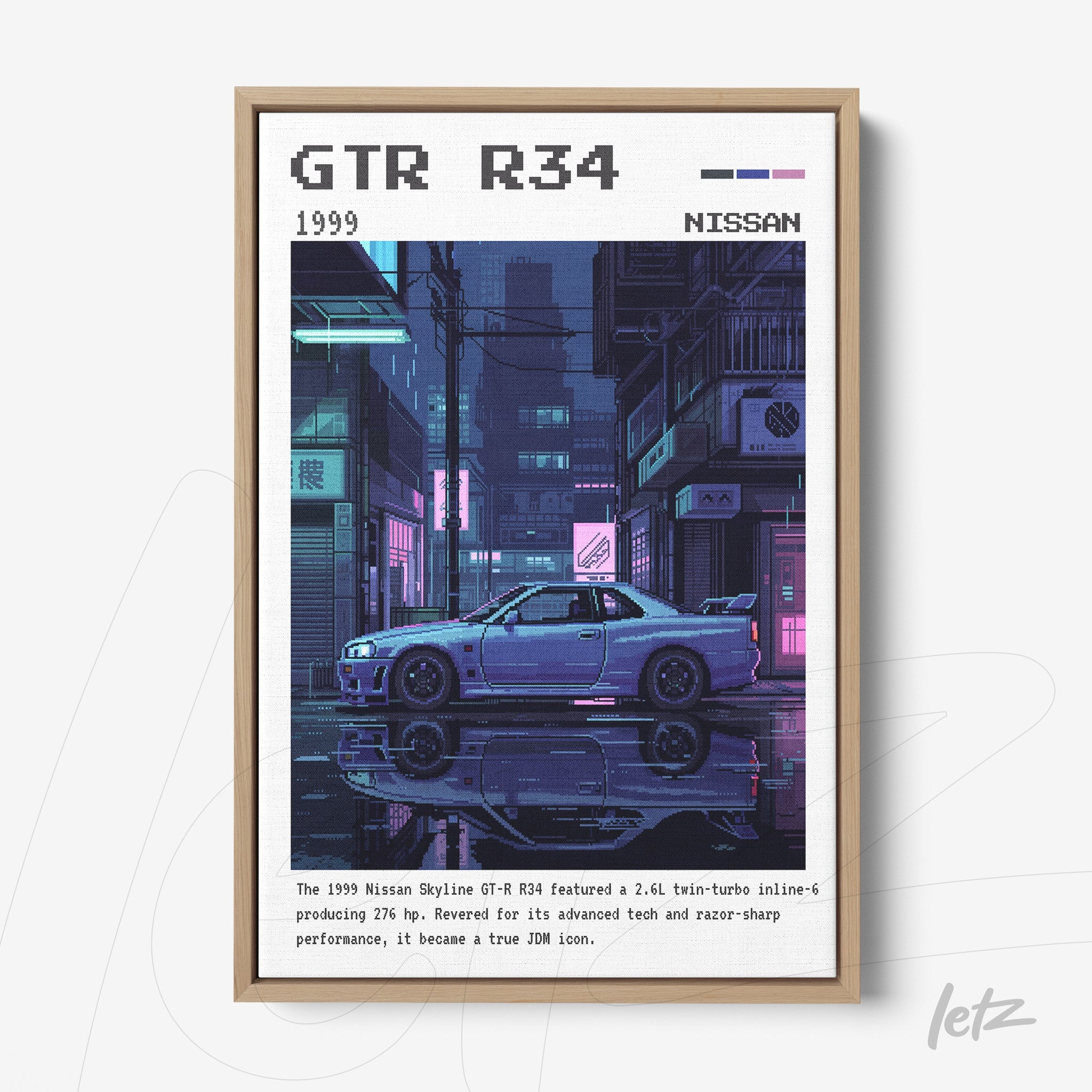 quadro que retrata um carro Nissan GTR R34 em arte pixelada, emoldurado com moldura clara