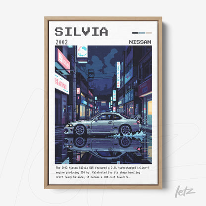 quadro com arte digital retro de um Nissan Silvia 2002 em um cenário urbano noturno com reflexos na água, moldura de madeira clara