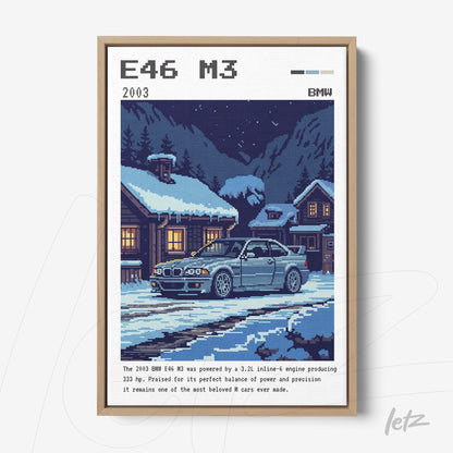 quadro com arte pixelada de um carro BMW M3 E46 em um cenário de inverno, apresentando uma casa de madeira ao fundo e flocos de neve caindo, moldura clara