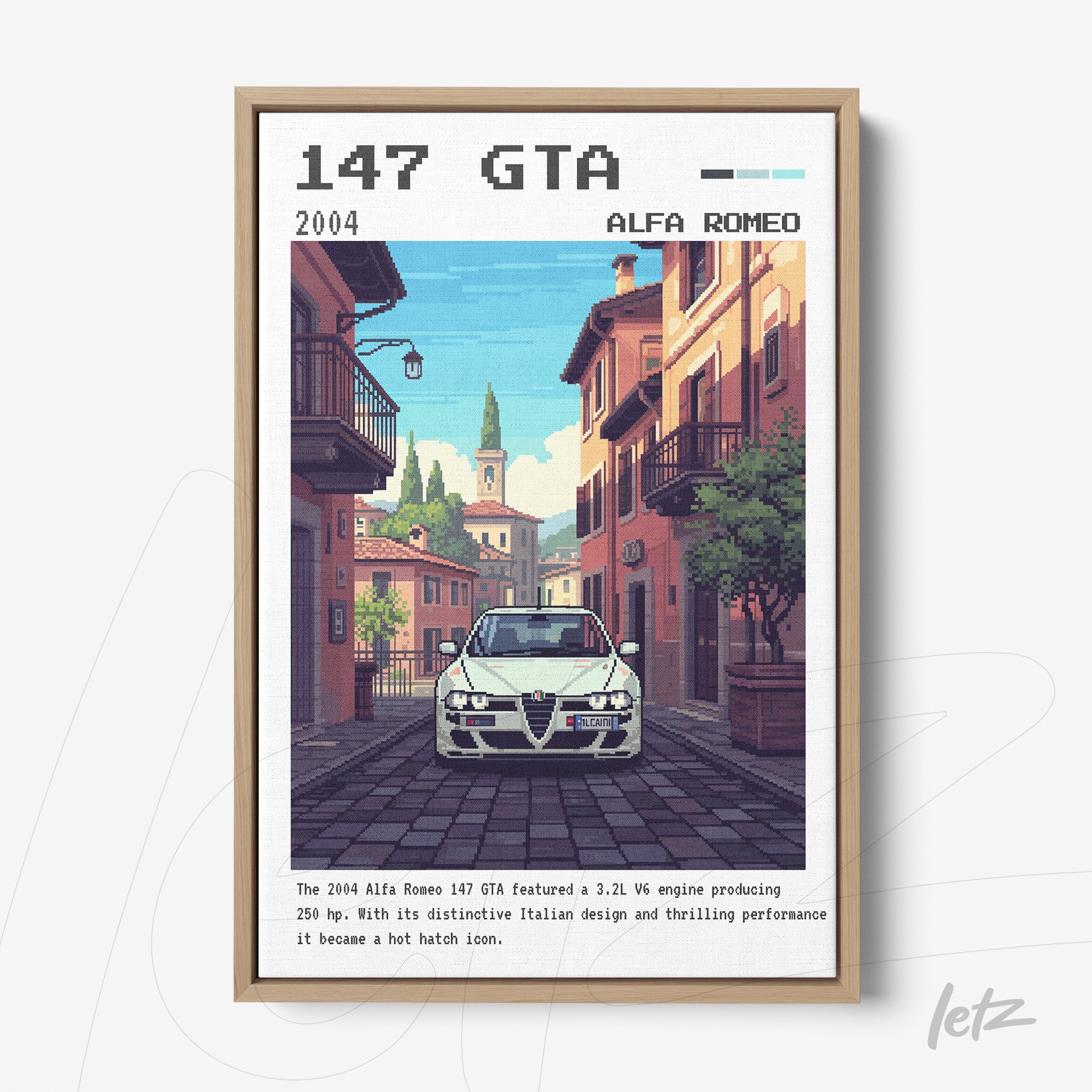 quadro com arte detalhada de um carro Alfa Romeo 147 GTA em uma rua italiana, em moldura de madeira clara