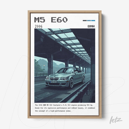 quadro com arte digital do carro BMW M5 E60 em moldura de madeira clara