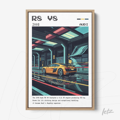 quadro digital de um carro esportivo Audi R8 V8 com design pixelado, em moldura de madeira clara