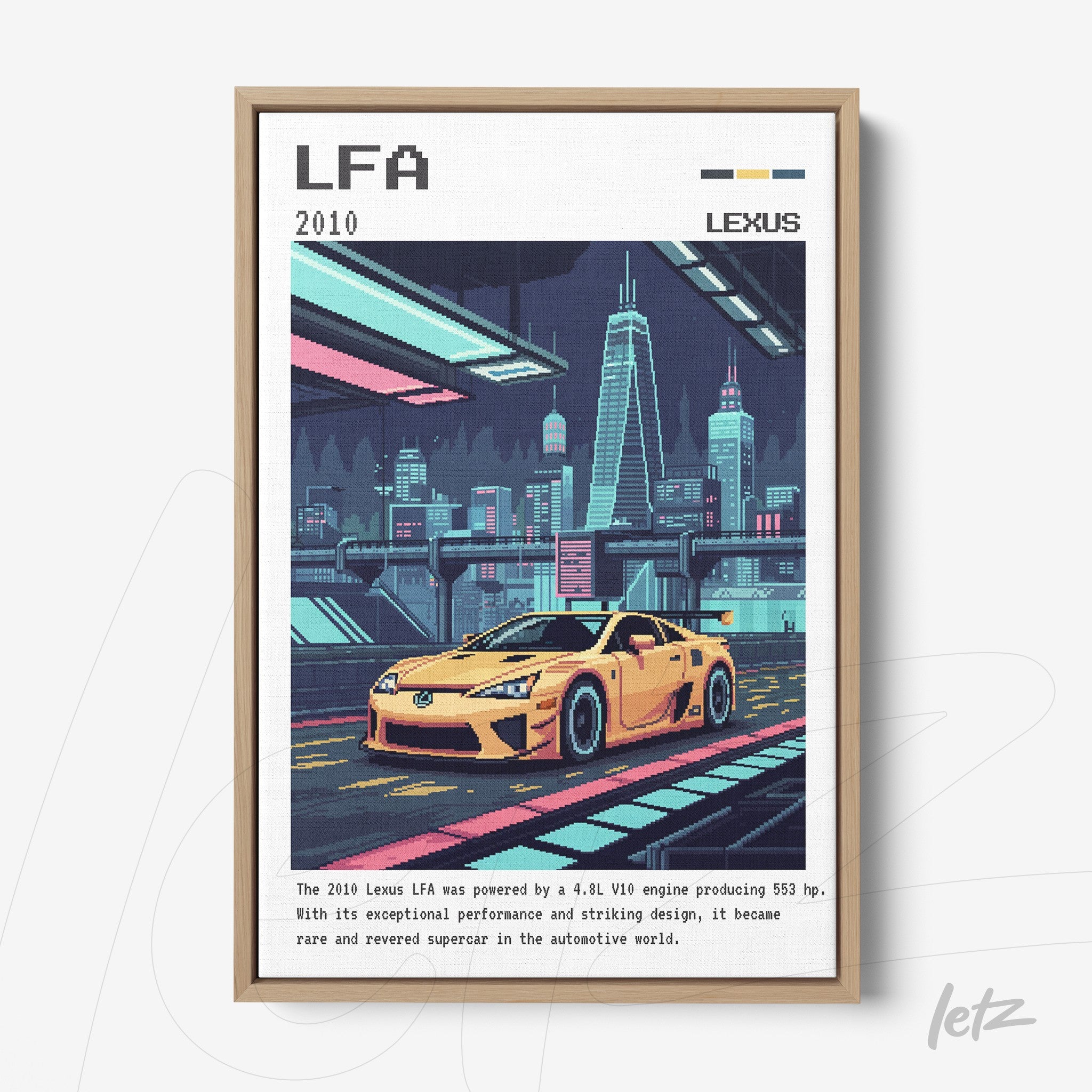quadro com arte digital do carro Lexus LFA em estilo retrô com moldura clara