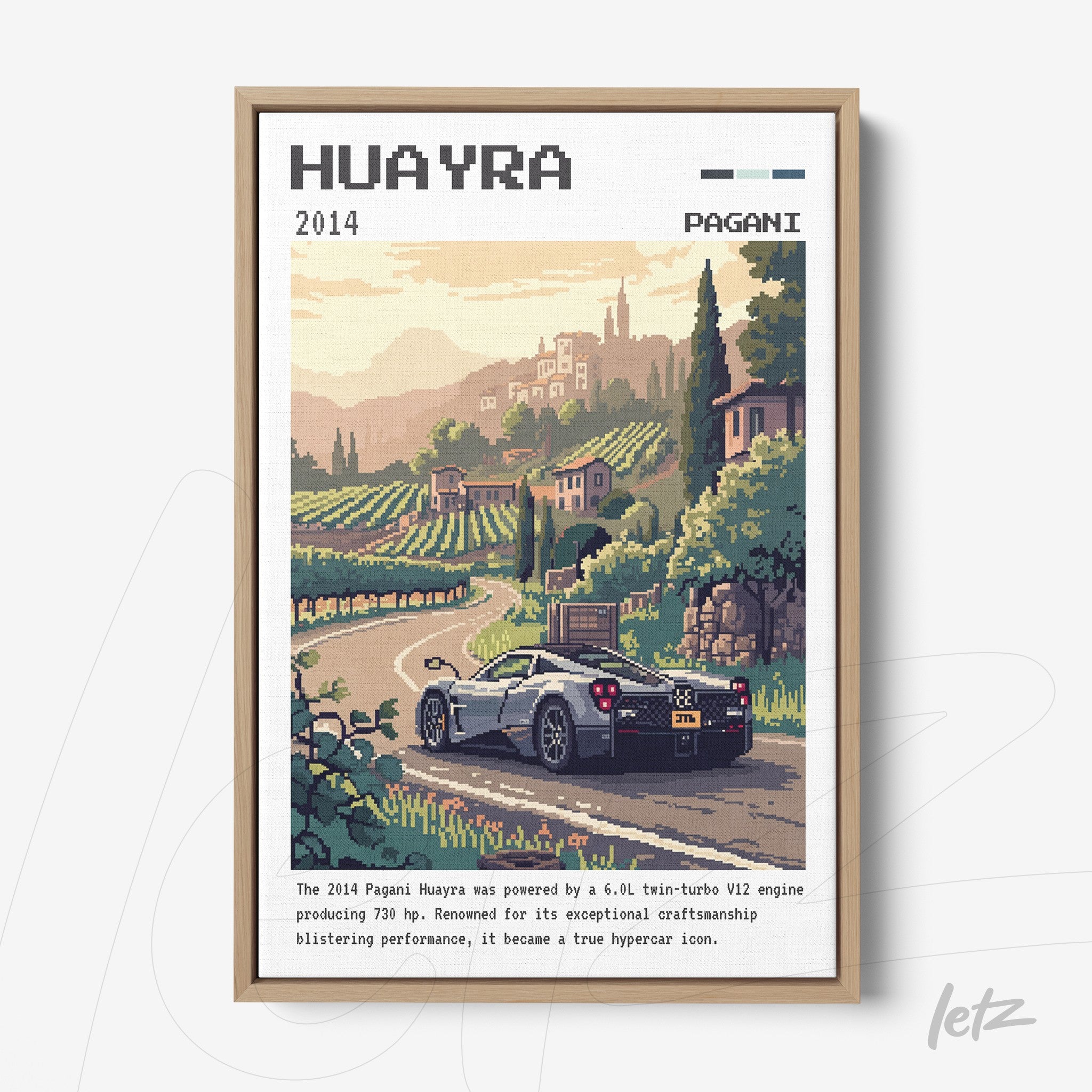 quadro emoldurado com arte pixelada de um carro Pagani Huayra em uma estrada rural com vinhedos ao fundo