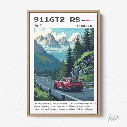 quadro com arte pixelada de um carro Porsche 911 GT2 RS em uma estrada montanhosa com fundo verde