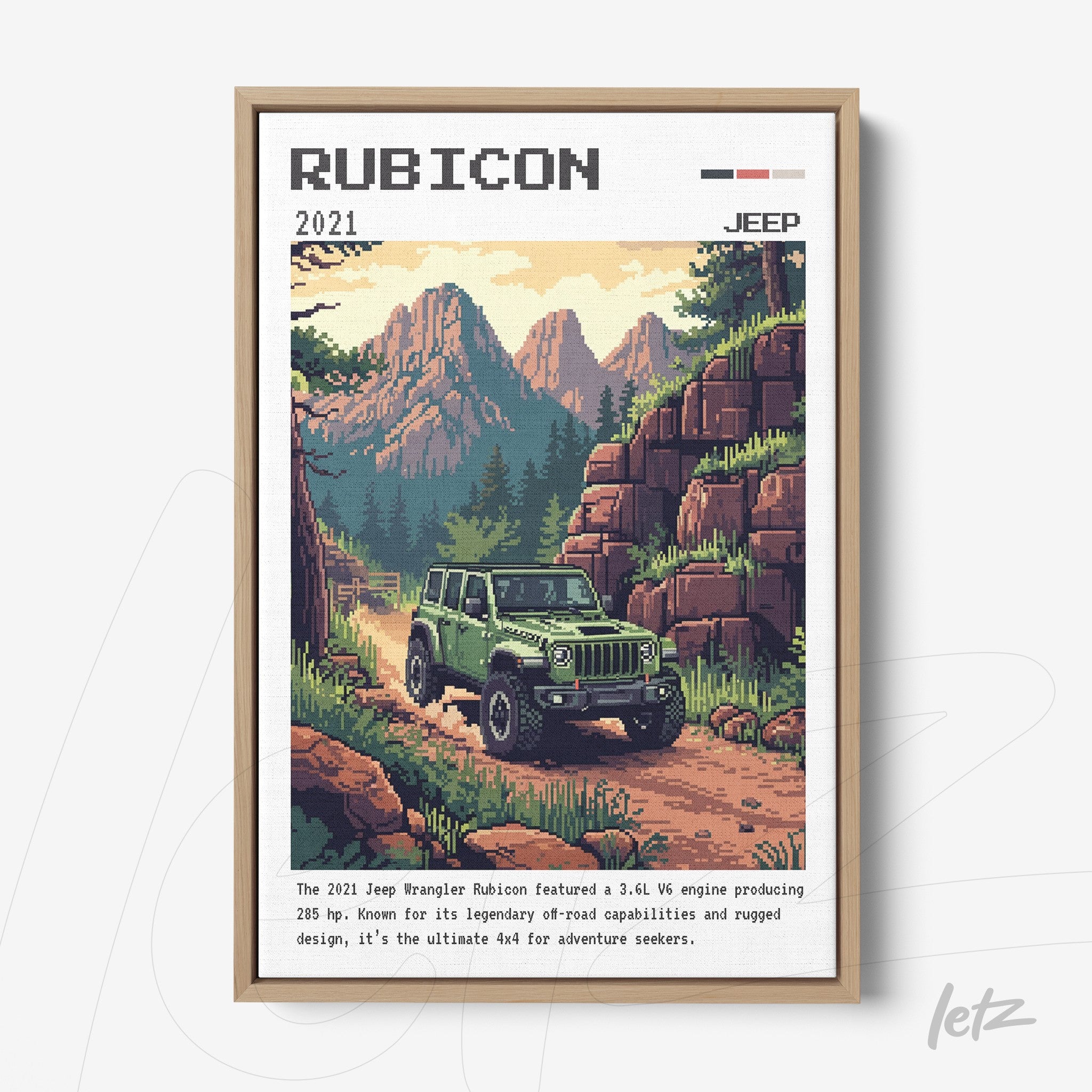 quadro com arte vintage do carro Jeep Rubicon em uma estrada de montanha