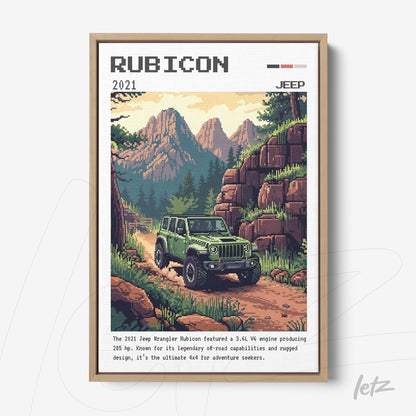 quadro com arte vintage do carro Jeep Rubicon em uma estrada de montanha