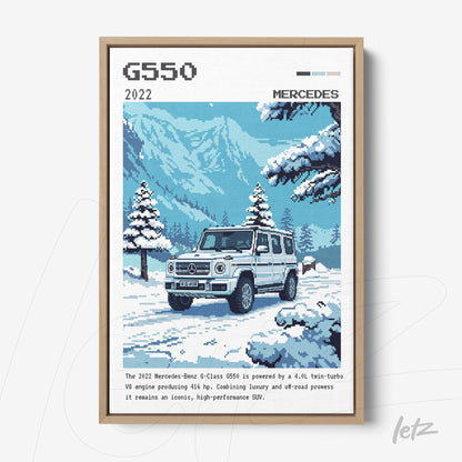 quadro com arte pixelada do modelo G550 da Mercedes-Benz em uma paisagem nevada, com moldura em madeira clara