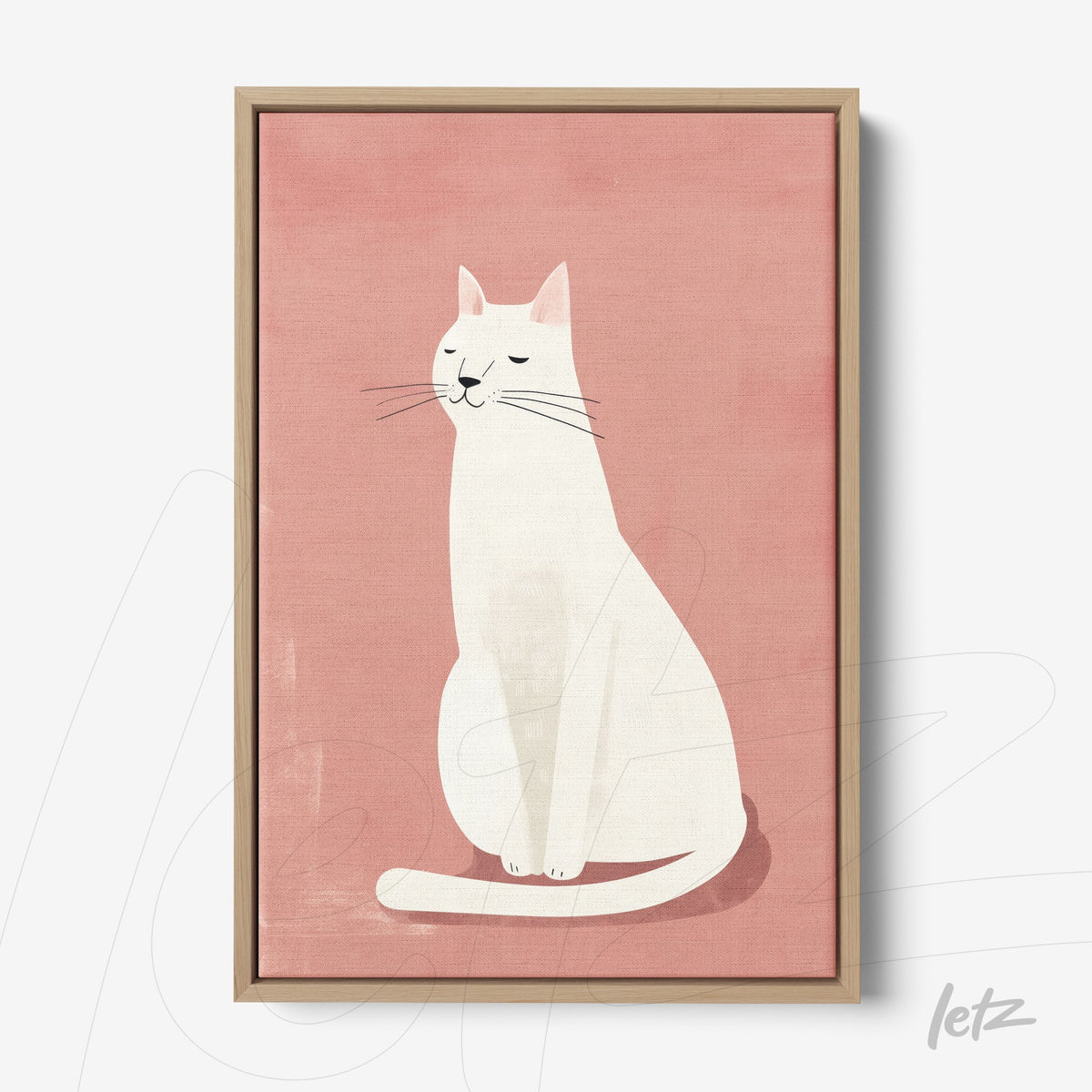 quadro com arte de um gato branco em destaque sobre fundo rosa, com moldura de madeira clara