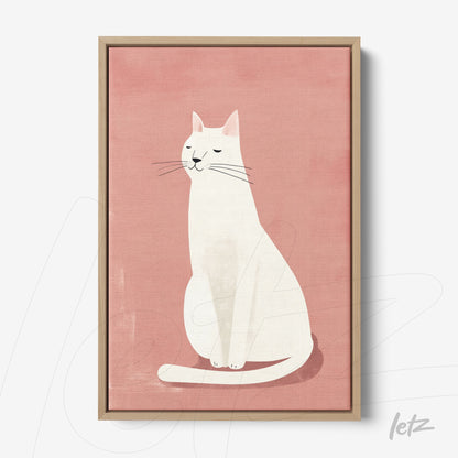 quadro com arte de um gato branco em destaque sobre fundo rosa, com moldura de madeira clara
